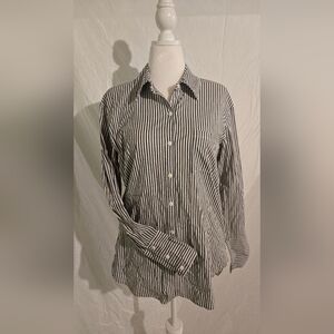 CAD Women's Black and White Striped Button-Down Shirt.